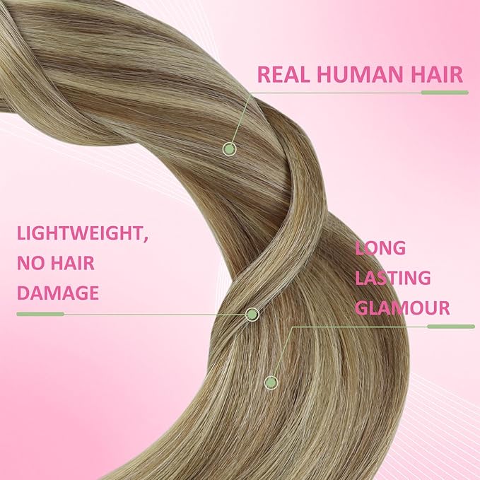 YoungSee Tape in Human Hair Extensions Brown Highlight Tape Extensions Human Hair Light Brown with Blonde Highlight Hair Extension Tapes in Add Length 18 Inch 20pcs 50g