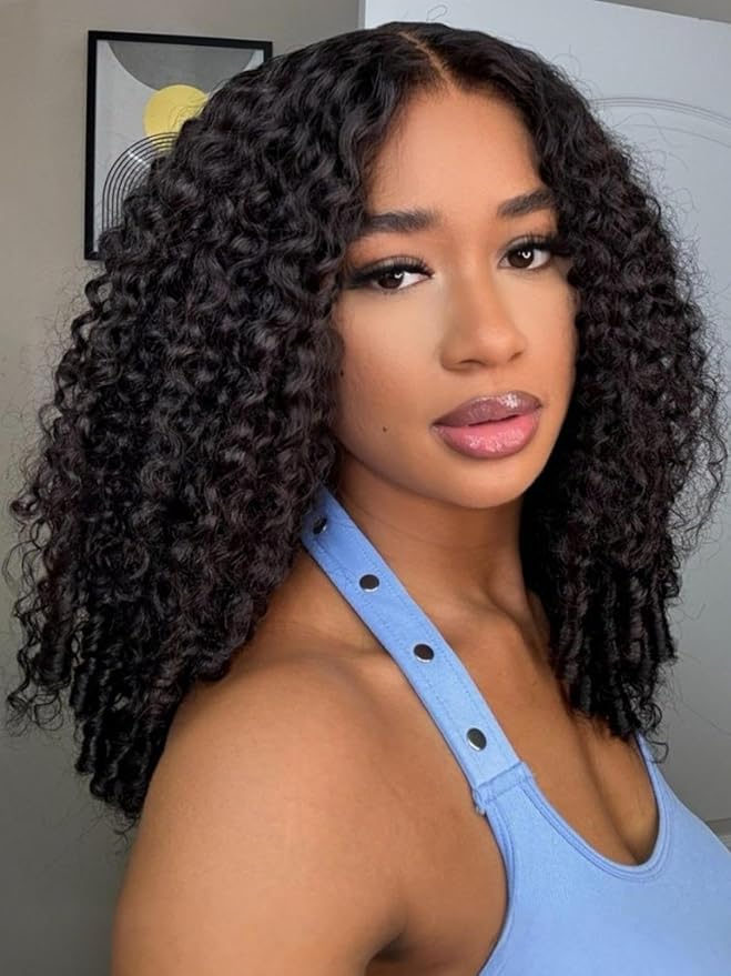 YIROO Burmese Bye Bye Knots Curly Wig Human Hair with Finger Coil Ends,Glueless Wig Human Hair Pre Plucked Pre Cut 7x5 Lace Front Wig Pre Bleached Wear and Go Beginner Friendly 150% Density 22Inch