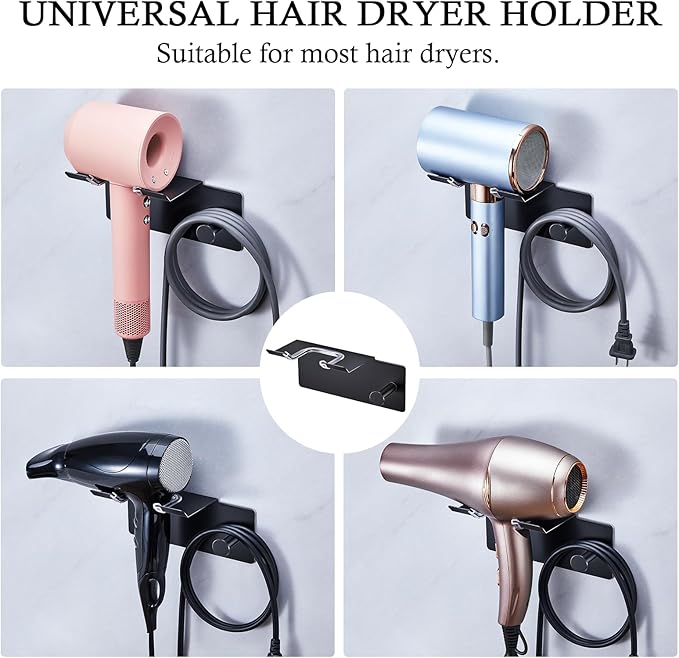 Hair Dryer Holder Wall Mount, Blow Dryer Holder for Wall, Adhesive Hairdryer Holders, Stainless Steel Blowdryer Holders Bathroom Hair Tool Organizer Hair Dryer Hanger Hook with Cord Storage (Black)