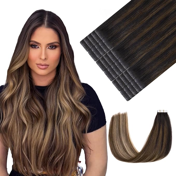 Youngsmile Invisi Edge Tape in Hair Extensions Human Hair #1B/4/27 Natural Black to Chocolate Brown and Caramel Blonde 20pcs 35g 16 Inch Injection Tape in Hair Extensions Human Hair (#1B/4/27,16'')