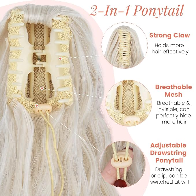 Claw Clip Ponytail Extension for Women 18 Inch Wavy Curly Fake Ponytail Clip in Hair Pieces Shoulder Length Fluffy Natural Synthetic Hairpiece for Daily Use (Light Blonde)