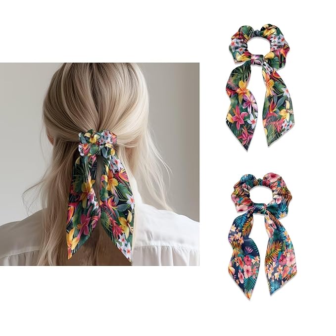 Colorful Tropical Floral Elastic Hair Band with Ribbon Womens Scarf Scrunchies Long Hair Ties Casual Knotted Bow No Damage Pack Of 2