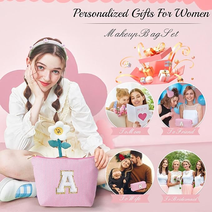 YOOLIFE Birthday Gifts for Girls - Personalized Initial Cute Pink Cosmetic Makeup Bag Pouch Make Up Bags Travel Toiletry Bag for Her Mom Girlfriend Wife Teacher 18th Birthday Gifts for Girls H