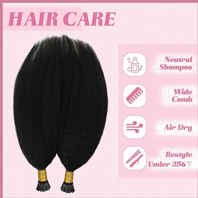 YoungSee Kinky Itip Hair Extensions Real Human Hair Black I Tip Hair Extensions Human Hair Kinky Straight 24 Inch 50g 50s Black Itip Hair Extension for Black Women Long Hair Extension
