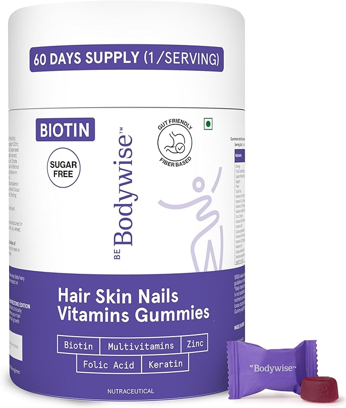 Bodywise Be Biotin Hair Growth Gummies for Women I Sugar Free I Hair Skin and Nails Vitamins I Biotin, Zinc, Folic Acid, Vitamin C, Keratin & Multivitamin I 100% Vegan, Gluten Free I 60 Day Pack