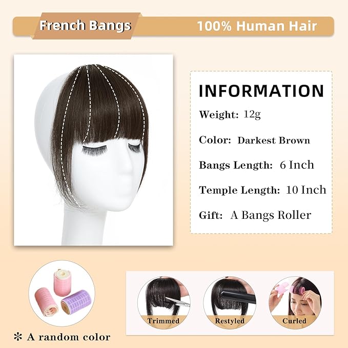 NAYOO Clip In Bangs Real Human Hair, Darkest Drown Wispy Bangs Fringe with Temples Hairpieces for Women Natural Curved Hair Extensions for Daily Wear