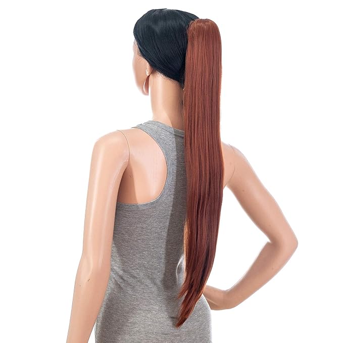 SWACC 28-Inch Long Straight Claw Clip Ponytail Extensions Synthetic Hair Extensions Ponytail Jaw Clip Hair Pieces for Women (Dark Copper Red)
