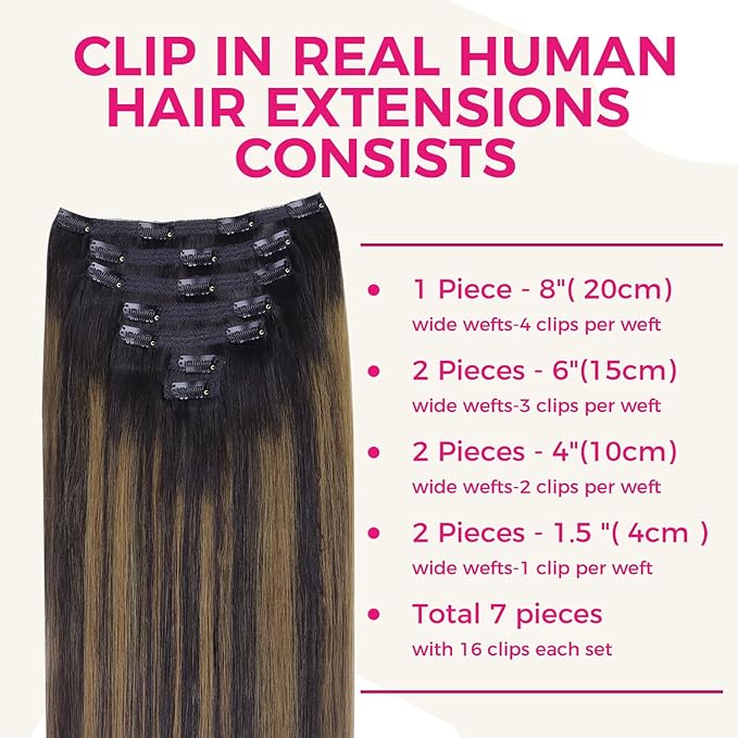Lashey Clip in Hair Extensions Human Hair 24 Inch 120g 7pcs Remy Human Hair Long Straight Clip in Hair Extesnions Natural Black Mixed Chestnut Brown Human Hair Clip in Hair Extensions