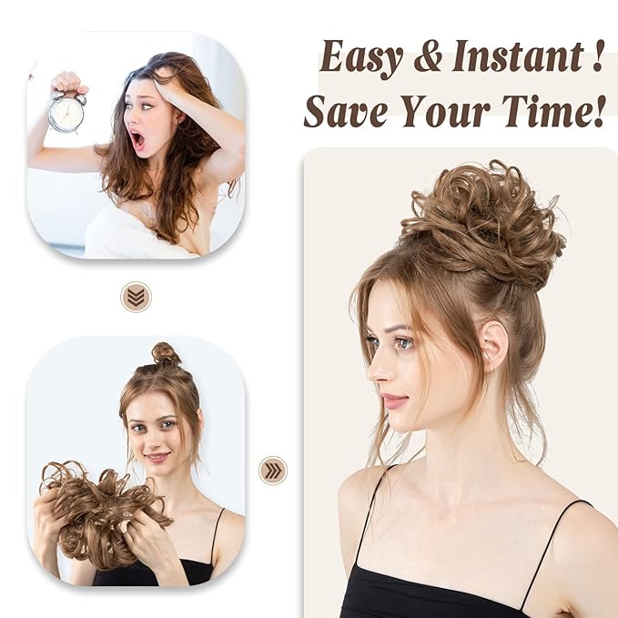 CJL HAIR Large Messy Bun Hair Piece Wavy Curly Scrunchies Synthetic Chignon Ponytail Hair Extensions Thick Updo Hairpieces for Women Off Black