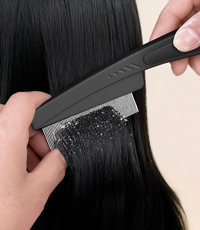 Dandruff Comb Fine Tooth Scalp Detox Comb Lice for Women, Men & Kids Stainless Steel Scalp Detoxing, Sweep & Massage Hair Brush Tool for Hair Care (Black 1PC)