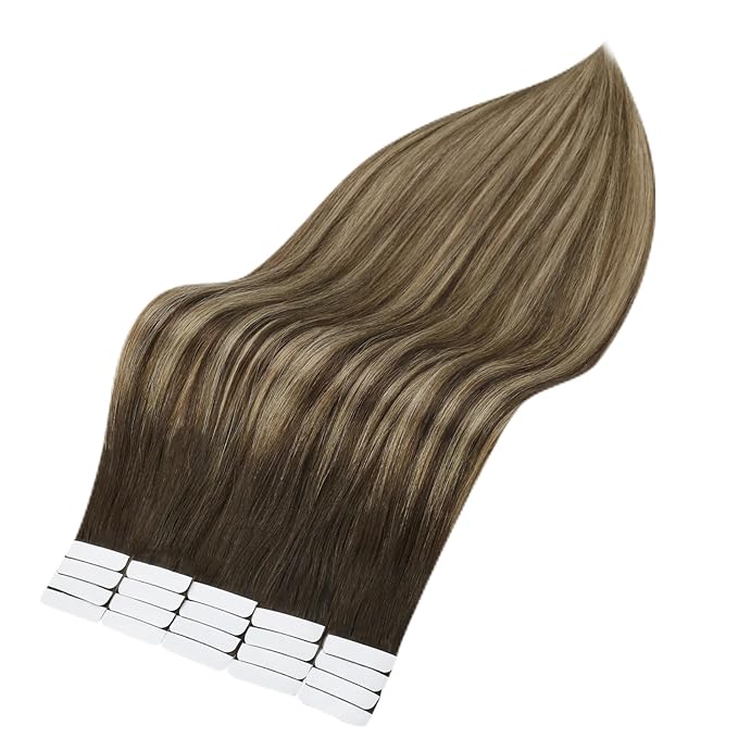 Full Shine Hair Extensions Real Human Hair 22 Inch Balayage Color 2 Brown Fading to 3 and 27 Honey Blonde Seamless Skin Weft Tape Hair Extensions Double Sided Tapes in 20Pcs 50G Straight