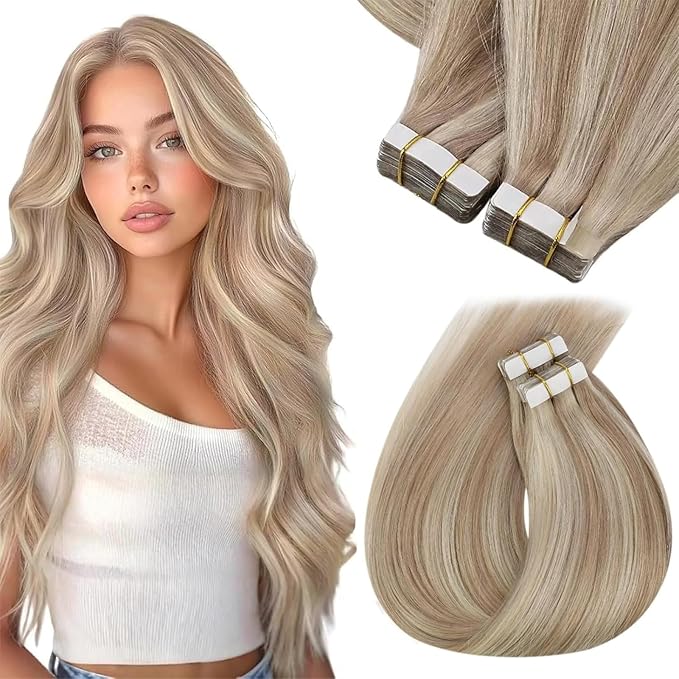 Sunny Hair Tape in Hair Extensions Real Human Hair Invisible Remy Hair Extensions Tape ins for Women Ash Blonde Highlight Bleach Blonde with Pink Hue 20 inch 40pcs 100g
