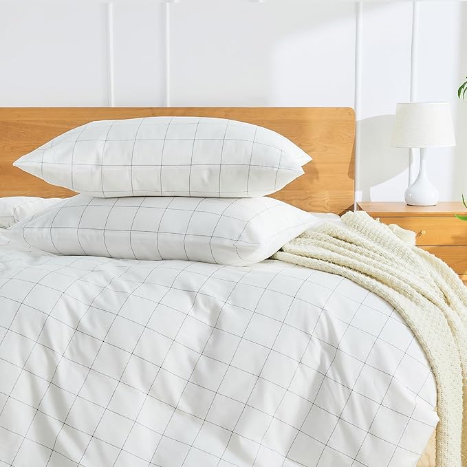 JELLYMONI 100% Natural Cotton Plaid Queen Pillowcases Set, 2 Pack White with Black Grid Geometric Pattern Printed Pillow Covers with Envelope Closure(Pillows are not Included)