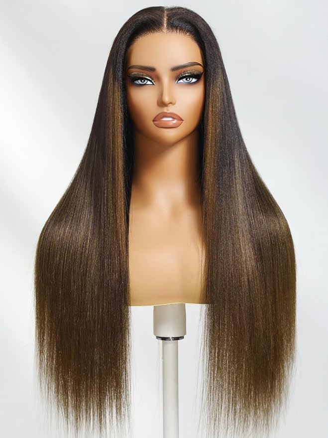 YIROO Chestnut Brown Ombre Yaki Straight 13x4 Pre Everything Frontal Glueless Wig Human Hair Pre Plucked Pre Cut,Bye bye Knots Wear and Go Drawstring Wigs Beginner Friendly 150% Density 18Inch