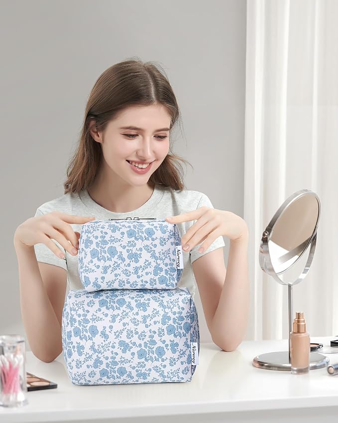 Narwey Cute Floral Makeup Bag Travel Cosmetic Bag Organizer Toiletry Bag Make Up Bags with Organized Pocket for Women Girls (Large, Little Blue Flower)