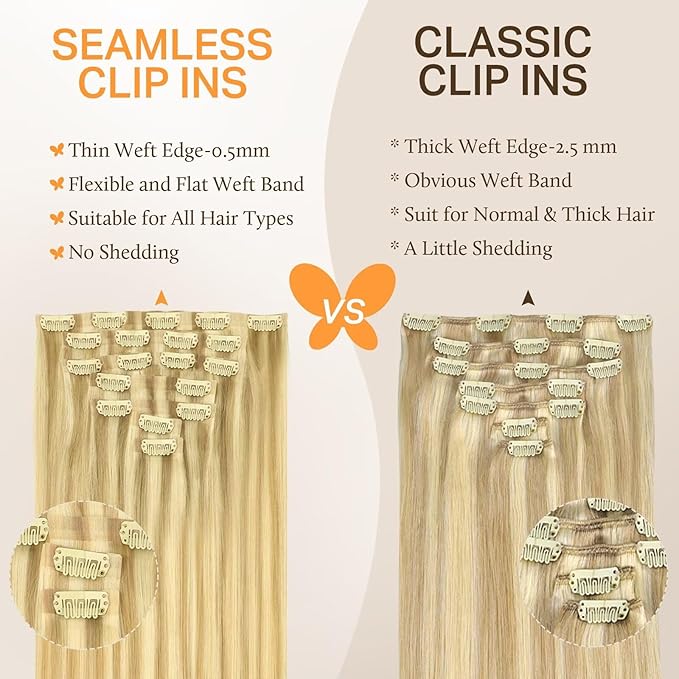 DOORES Seamless Clip in Hair Extensions Real Human Hair, DirtyBlonde Highlight Golden Blonde 20 Inch 110g 7pcs, Human Hair Extensions Seamless Clip in Invisi Edge Hair Extensions Straight Hair