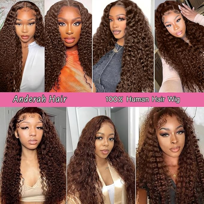 Anderah Chocolate Brown Deep Wave Lace Front Wigs Human Hair 200 Density 13x6 HD Lace Frontal Wigs Curly Human Hair Wig For Women Pre Plucked with Natural Hairline 4# Brown Color (28inch)
