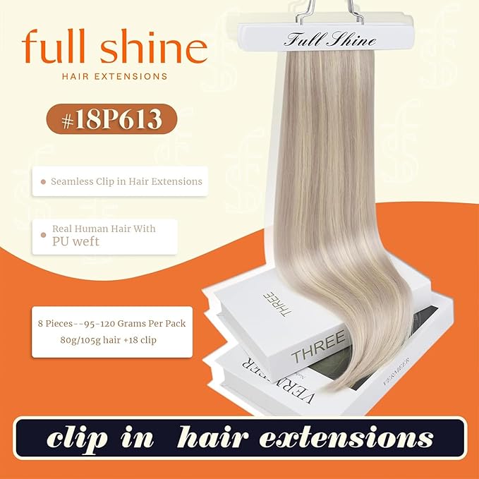 Full Shine Ash Blonde Clip in Extensions Human Hair 22 Inch PU Weft Real Hair Clip in Ash Blonde Highlights Platinum Blonde Silky Straight Remy Hair 8 PCS 120 G