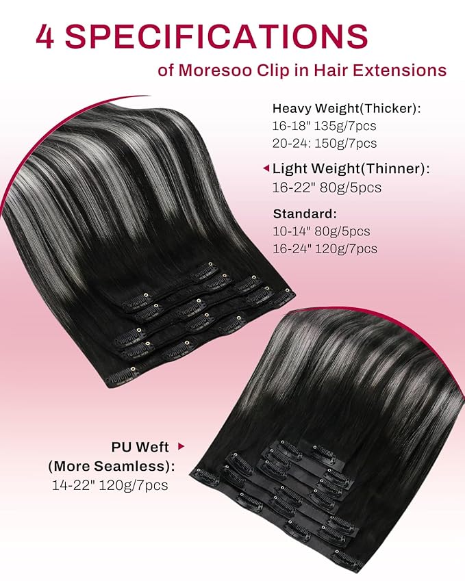 Moresoo Black And Silver Human Hair Clip in Extensions Balayage Natural Black to Silver Grey Hair Extensions Real Human Hair Clip ins Remy for Women Double Weft 80g/5pcs 16 in