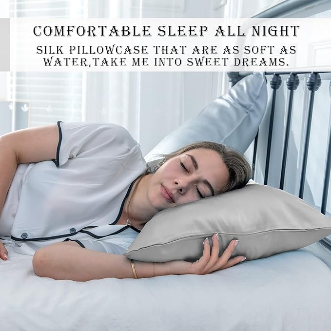 Silk Body Pillowcase Mulberry Silk Pillow Cases with Zipper Soft Breathable Smooth Cooling 20x54 inches Pillowcase for Sleep (Silver Grey,20"X 54",1Pcs)