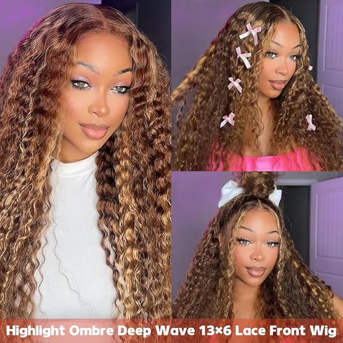 Highlight Ombre 13x6 Lace Front Wig Human Hair Deep Wave Honey Blonde Glueless HD Transparent Lace Frontal Wigs for Women 180 Density Human Hair (highlight ombre deep wave, 32 inch)