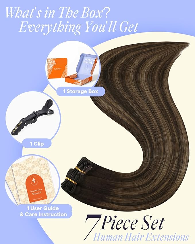 Full Shine Real Hair Extensions Clip in Human Hair 220 G Balayage Dark Brown Extensions Clip in Dark Brown to Ash Brown Real Hair Extensions for Volume for Full Head 24 Inch 7 Pcs