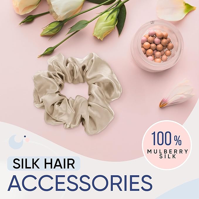 Blissy Silk Scrunchies (3 Pack) - 100% Pure Mulberry Silk - 22 Momme 6A High-Grade Fibers Scrunchie for Straight & Curly Hair - Preventing Breakage, Tangling, & Creasing (Champagne Skinny)