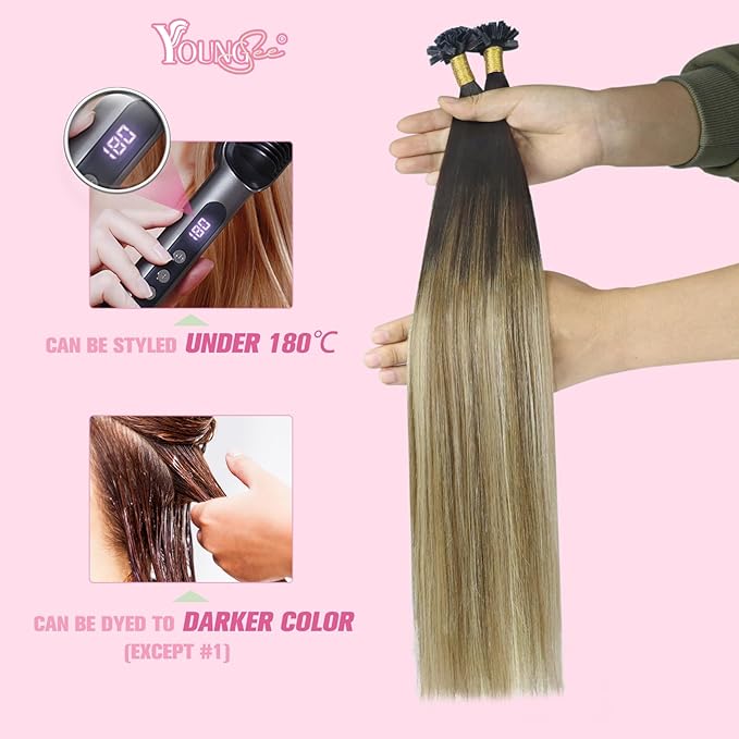 YoungSee K Tip Hair Extensions Human Hair Balayage Keratin Hair Extensions K Tip Ombre Dark Brown to Brown with Blonde Silky 18In 1g/s 50g