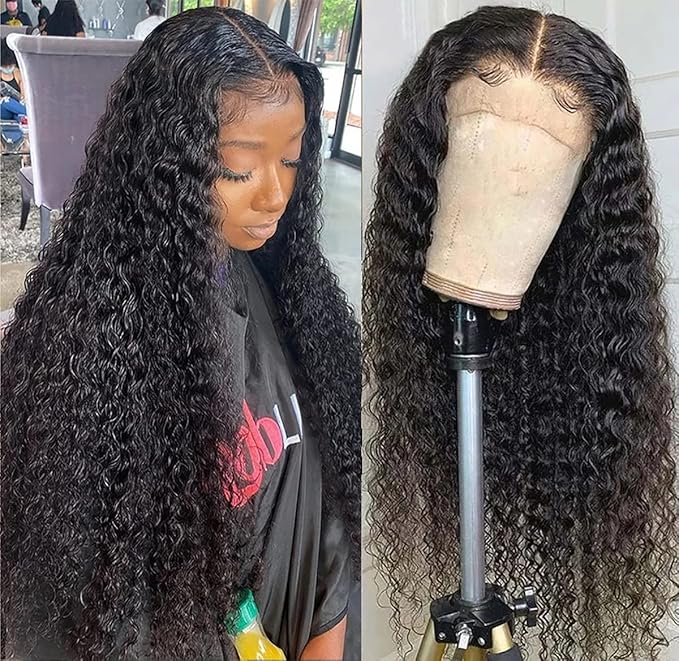 Deep Wave 13X6 HD Lace Front Wigs Human Hair Pre Plucked Brazilian Virgin Deep Curly Wigs with Baby Hair for Black Women Natural Black Color 200% Density 24 Inch