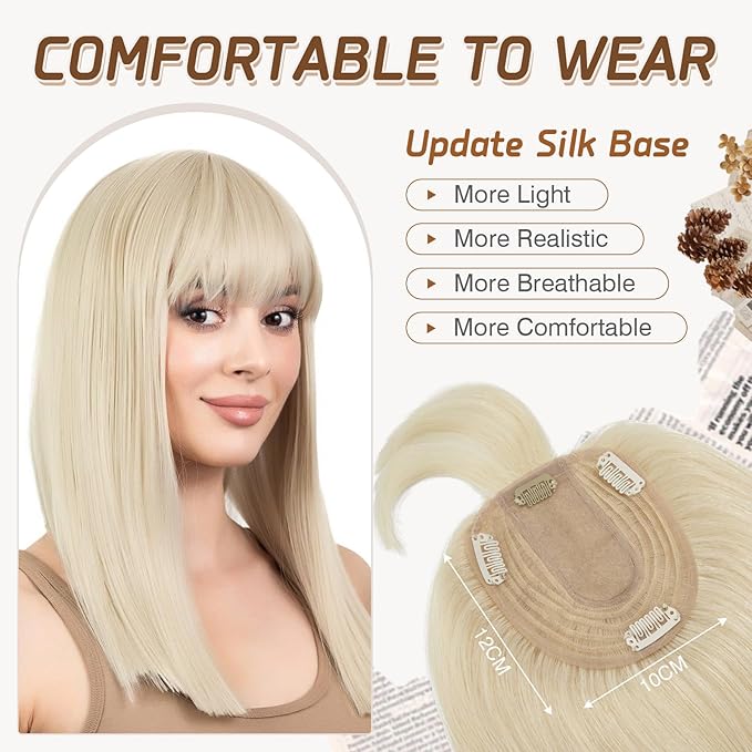 Rich Choices Real Human Hair Toppers for Women With Bang 100% Remy Human Hair Topper for Thinning Hair Clip in Silk Base Hair Topper 16 Inch #60 Platinum Blonde