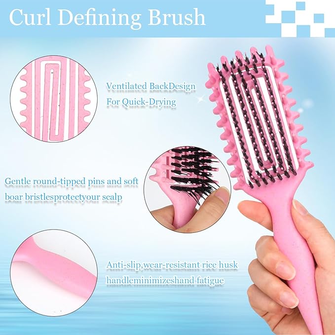 Curly Hair Brush Defining,Curly Brush Defining with Side Gear for Combing, Shaping,and Styling bounce,Lightweight Vented Hair Brush For Wet and Dry Hair（Green Pink）
