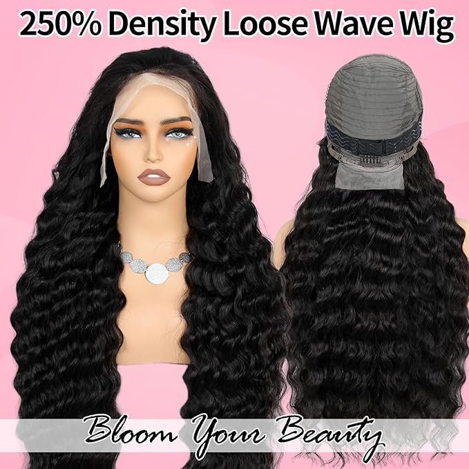 250% Density HD Full Lace Front Wigs Human Hair Loose Wave 100% Real Human Hair 15A Full 13x4 Large Lace Space Loose Deep Wave Wig, No Synthetic Blend Tangle Free Shedding Free Triple Lifespan 3X