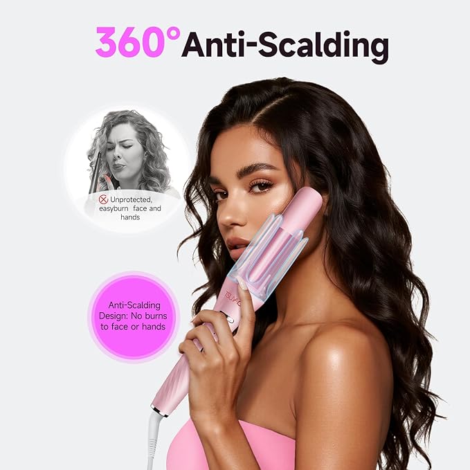 3 in 1 Automatic Curling Iron, Hair Curlers with 3 Curling Barrels (1" - 1.25" - 1.5"), Rotating Curling Iron with 3 Temp, 2-Way Rotation, 10S Fast Heating, Anti-Scald, Dual Voltage, Pink