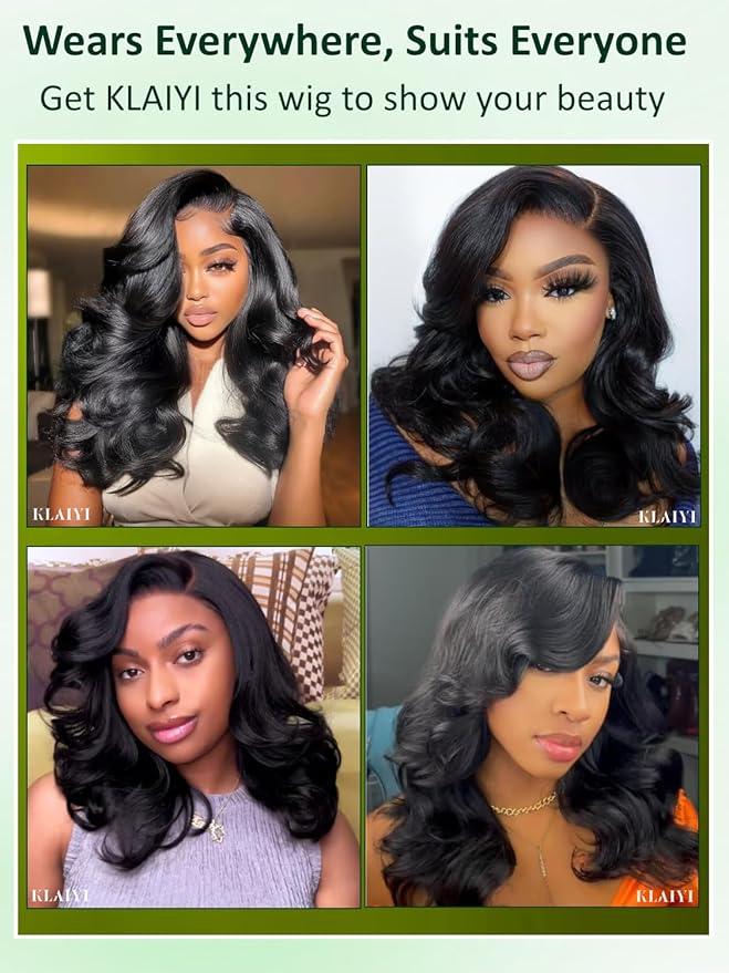 KLAIYI Pre Everything Glueless Layer Side Part Loose Body Wave 13x4 Lace Front Wigs Human Hair Drawstring Curtain Bangs Face framing Pre Bleached Knots Pre Plucked 3S Ready to Put On and Go Wig 26Inch