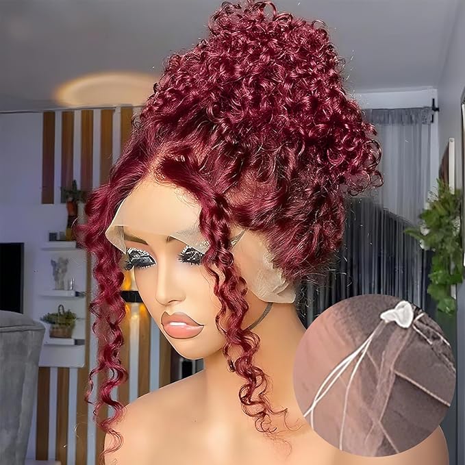 250 Density Hidden Strap 360 Full Lace Front Wigs Human Hair Pre Plucked Bleached Konts Pre Cut Lace Deep Wave HD Lace Frontal Wig with Drawstring Burgundy Wig Human Hair 360 Glueless Wigs(18inch)