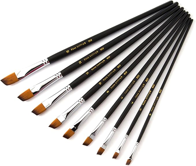 9 Pcs Angular Long Handle Artist Paint Brush Set, Quality Synthetic Hair and Wooden Handle for Acrylic Watercolor Oil Painting, Great for Beginners and Professionals