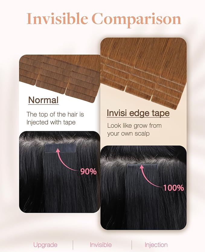 GOO GOO Invisi Edge Tape in Hair Extensions Human Hair, 350 Copper 10pcs injected with 10pcs classical tape ins, 18inch 50g, Virgin Remy Hair, Natural Look