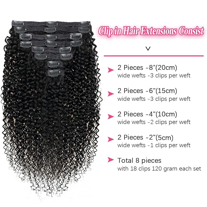 Kinky Curly Clip in Extension Human Hair 3c 4a Clip Ins for Women Brazilian Remy Human Hair Extensions #1B Natural Color 8 Pcs with18 Clips 120g/Set (14 inch)