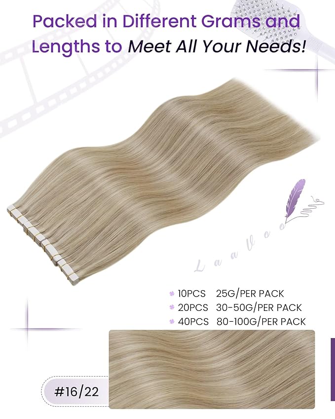 LaaVoo Tape in Extensions Human Hair Seamless Hair Extensions Tape in Dark Ash Blonde Highlighted with Light Blonde 18 Inch 20pcs 50g