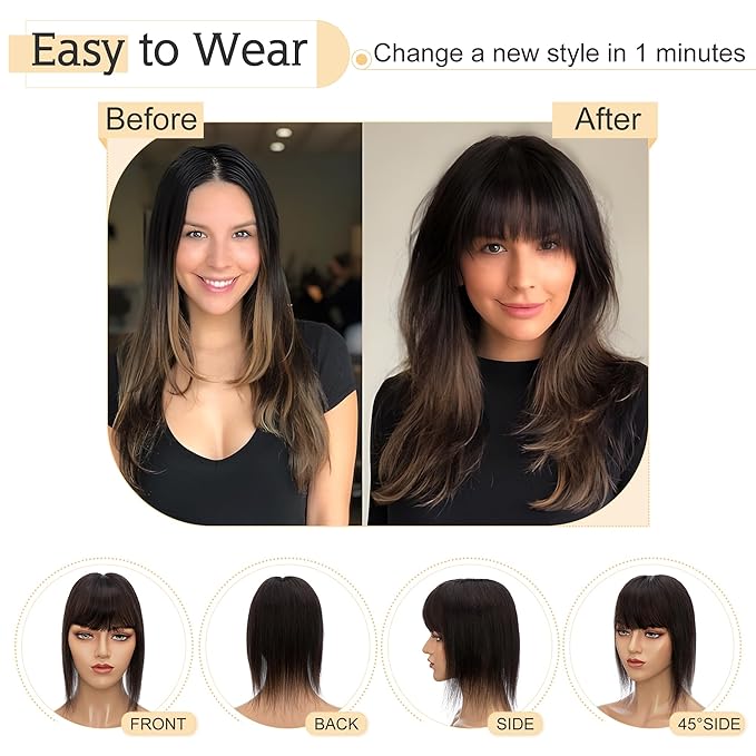 SEGO Hair Toppers for Women Real Human Hair With Bangs, 7 * 13CM Silk Base 100% Remy Human Hair Clip in Top Wiglet Hairpieces Add Volume -16 Inch Natural Black