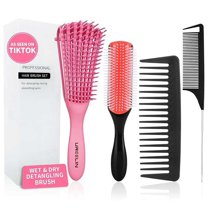 hair Brush Set for Afro America/African Hair, Textured 3a to 4c -Detangler Brush,9 row hair brush,Wide Tooth Comb,Rat Tail Comb (Pink)