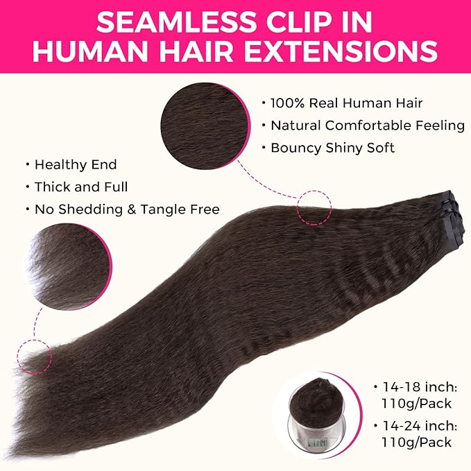 Lashey Seamless Clip in Hair Extensions Human Hair #2 Dark Brown Kinky Straight Clip in Hair Extensions Real Human Hair 7pcs 110g 24 Inch PU Weft Clip ins for Women