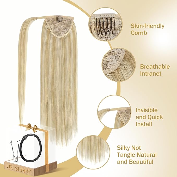 Ve Sunny Hair Extensions Ponytail Real Human Hair Wrap Around Clip in Ponytail Hair Extensions Straight Extensions Human Hair for Women Strawberry Honey Blonde Highlights Bleach Blonde 18inch 80G