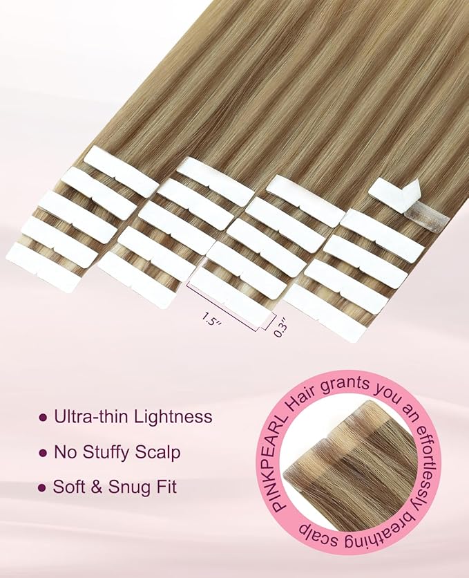 Pinkpearl Invisible Tape in Hair Extensions Human Hair, 20pcs 22inch 60g #10/27/27 Golden Brown to Caramel Blonde Injection Tape in Extensions Real Remy Seamless Human Hair Injected