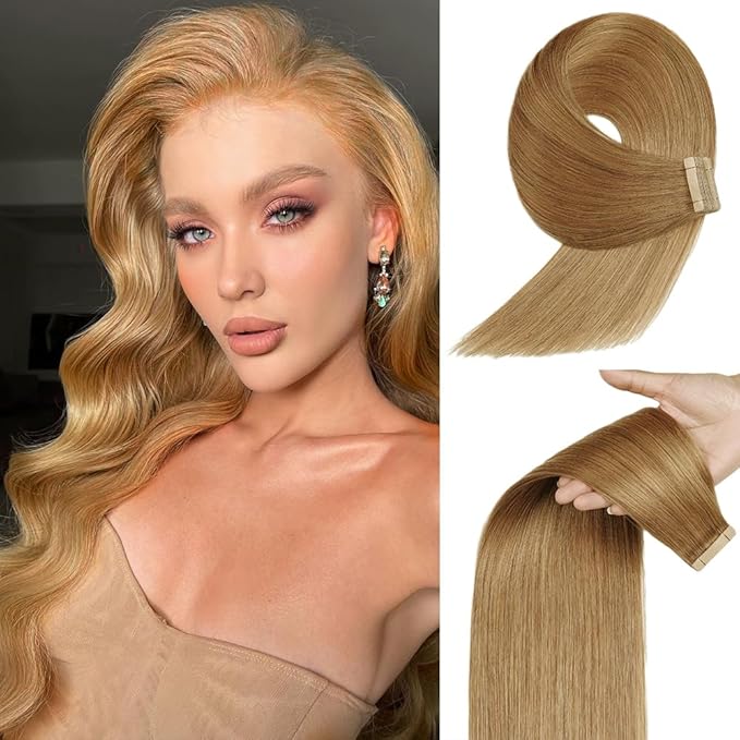 Tape in Hair Extensions Human Hair Honey Blonde Remy Hair Extensions 20pcs 14 Inch Straight Invisible Human Hair Tape in Extensions Skin Weft Tape Extensions Human Hair (27#,14 Inch)