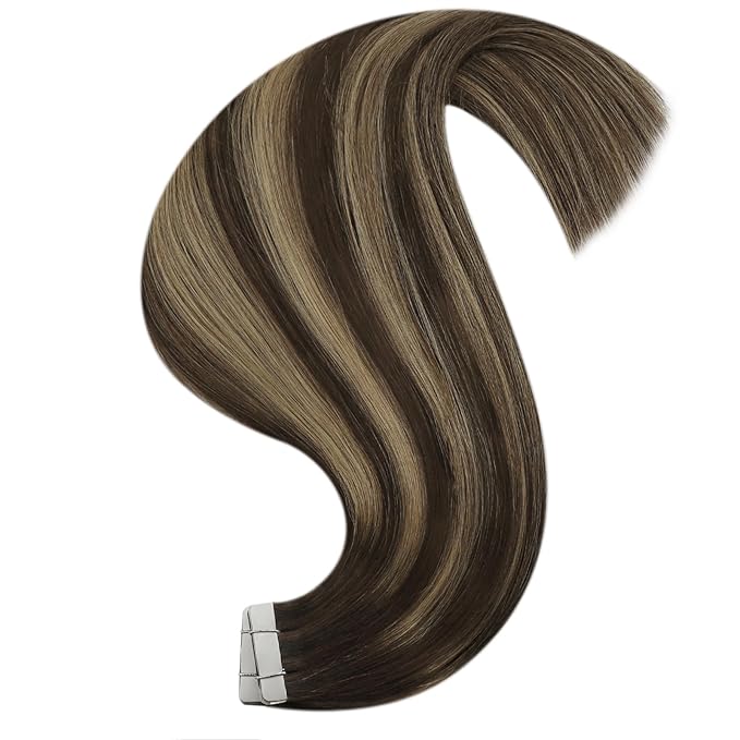 YoungSee Invisible Tape in Hair Extensions Brown Balayage Tape in Extensions Ombre Dark Brown to Blonde with Dark Brown Tape-on Hair Extension Human Hair Long 24In for Instant Length 20pcs 50g