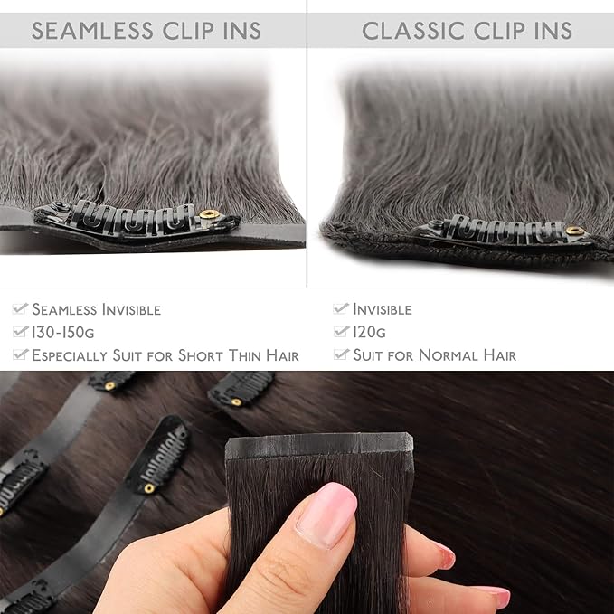 WENNALIFE Seamless Clip In Hair Extensions, 22 Inch 150g 7pcs Dark Brown Hair Extensions Clip in Human Hair Invisible PU Skin Weft Natural Remy Human Hair Extensions
