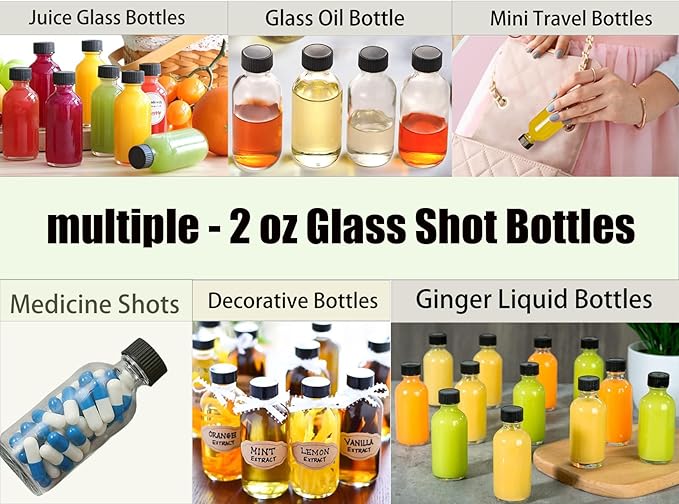 DIDITIME 24 Pack 2 oz Small Clear Glass Bottles with Lids & 4 Funnels - 60ml Boston Round Sample Bottles for Potion, Juice, Ginger Shots, Oils, Whiskey, Wellness Shots, Mini Travel Bottles