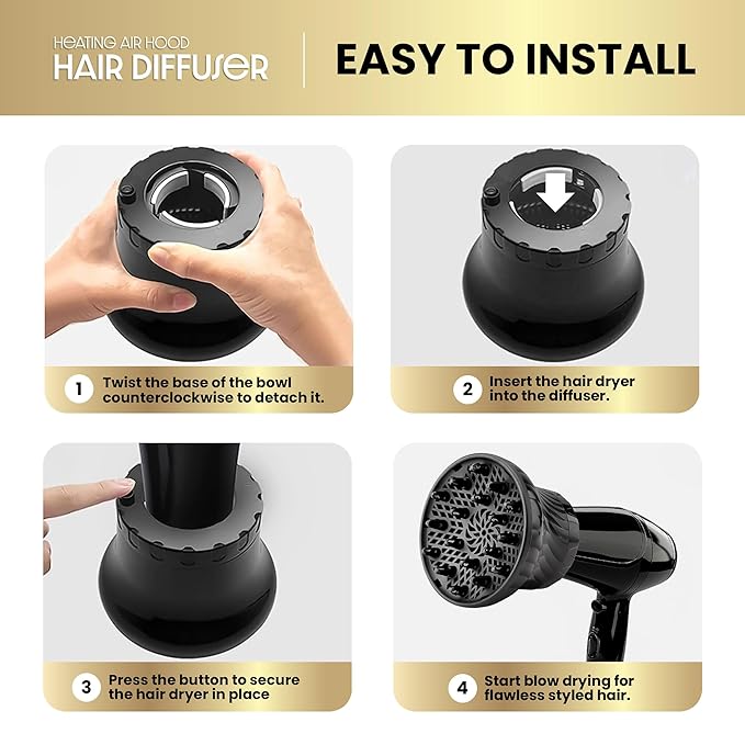 Herbishh Hair Dryer Diffuser Attachment for Even Heat Distribution, Universal Fit for Curly, Thick & Wavy Hair, Reduces Frizz & Adds Volume, Gifts for Her, Adjustable from 3.5 to 8 cm (Black)