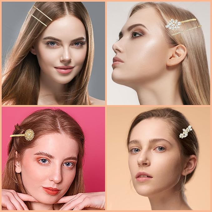 10 Pieces Rhinestone Hair Clips, Crystal Bobby Hair Pins Decorative Rhinestone Hair Barrettes for Wedding, Leaf Feather Sunflower Hair Clips Metal Hair Accessories for Women,4 Styles(Gold)
